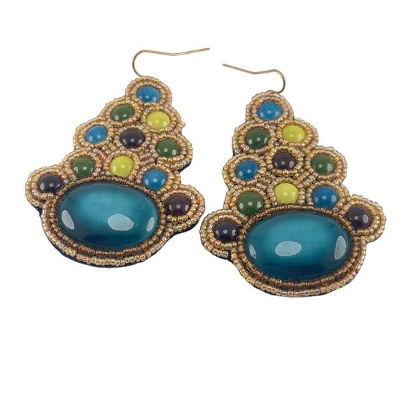 Bohemian Beaded Teardrop Earrings With Multicolored Stones & Gold Accents - Picture 3 of 6